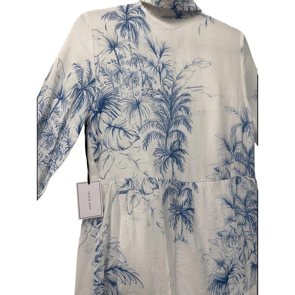 1.STATE Tropical Toile Print Tiered Maxi Shirtdress White Blue - Picture 4 of 6